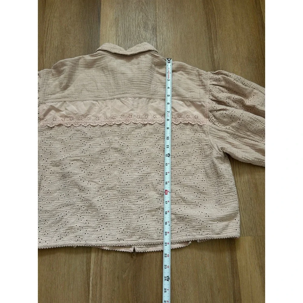 Free People Full Bloom Cotton gauze Eyelet Puff Sleeve Button Down Blouse S